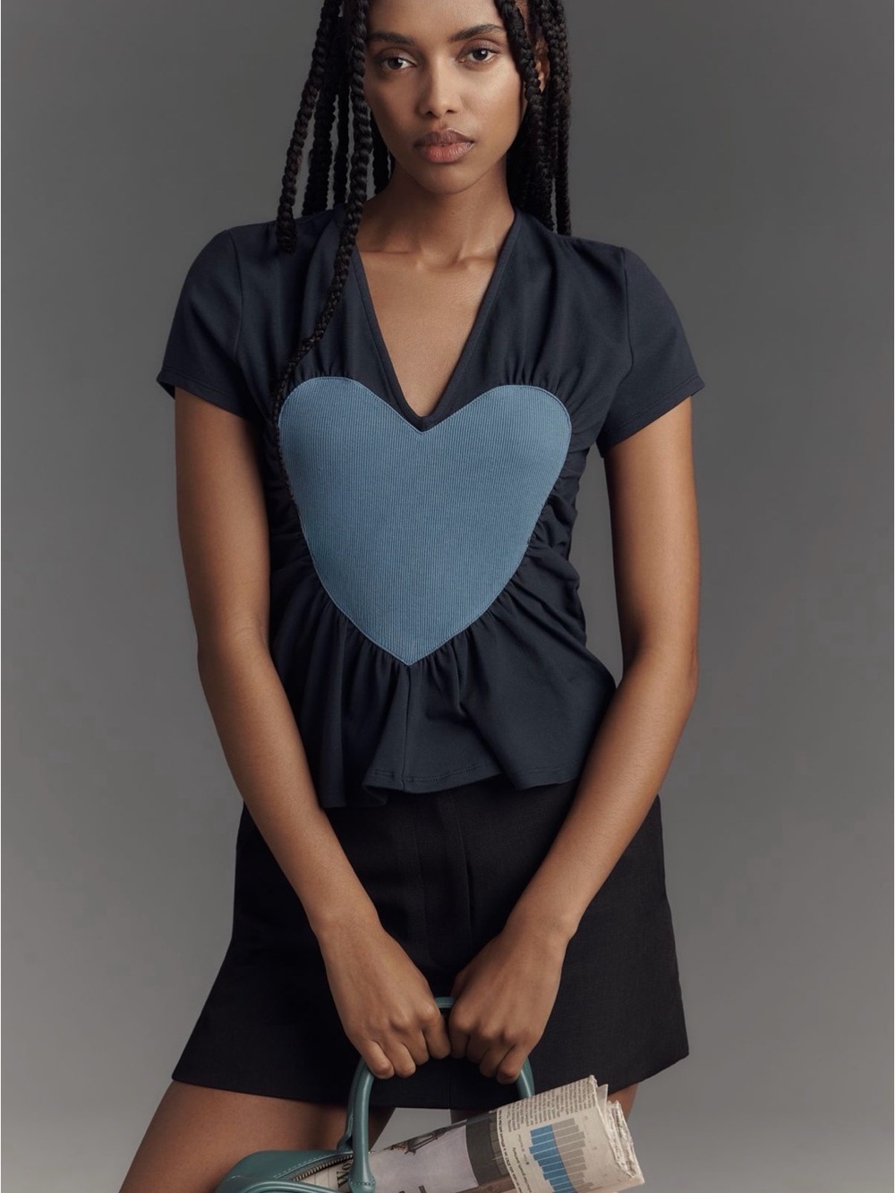NavyV-Neck Crop(ish) Top with Blue Heart Appliqué